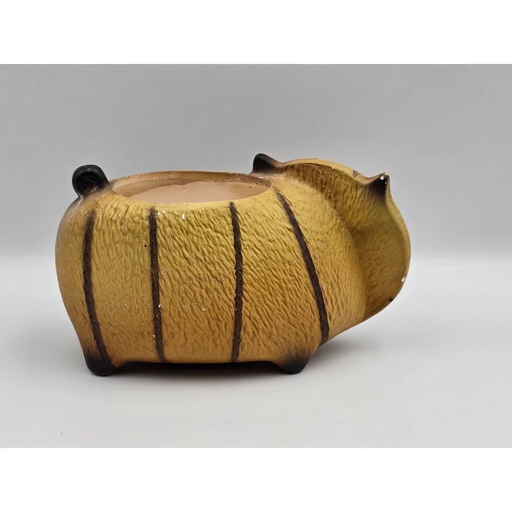 Cute Cat Planter Ceramic Brown Tabby Whiskers Green Eyes Tail Pot Home Decor‎